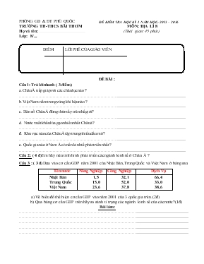 Đề kiểm tra học kỳ I năm học 2015  2016 môn địa lí 8 (thời gian 45 phút)